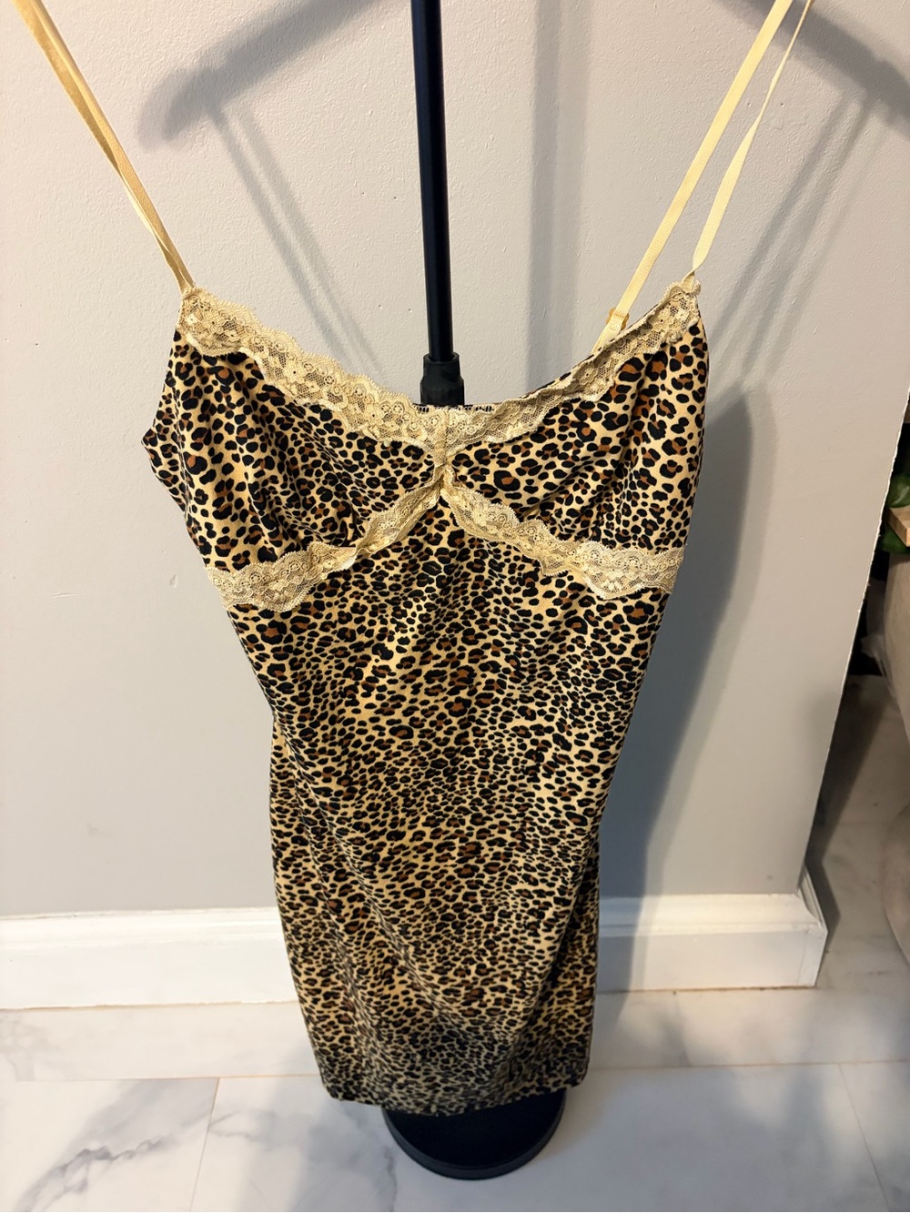 SHEIN Leopard Print Lace-Trim Slip Dress - Gold